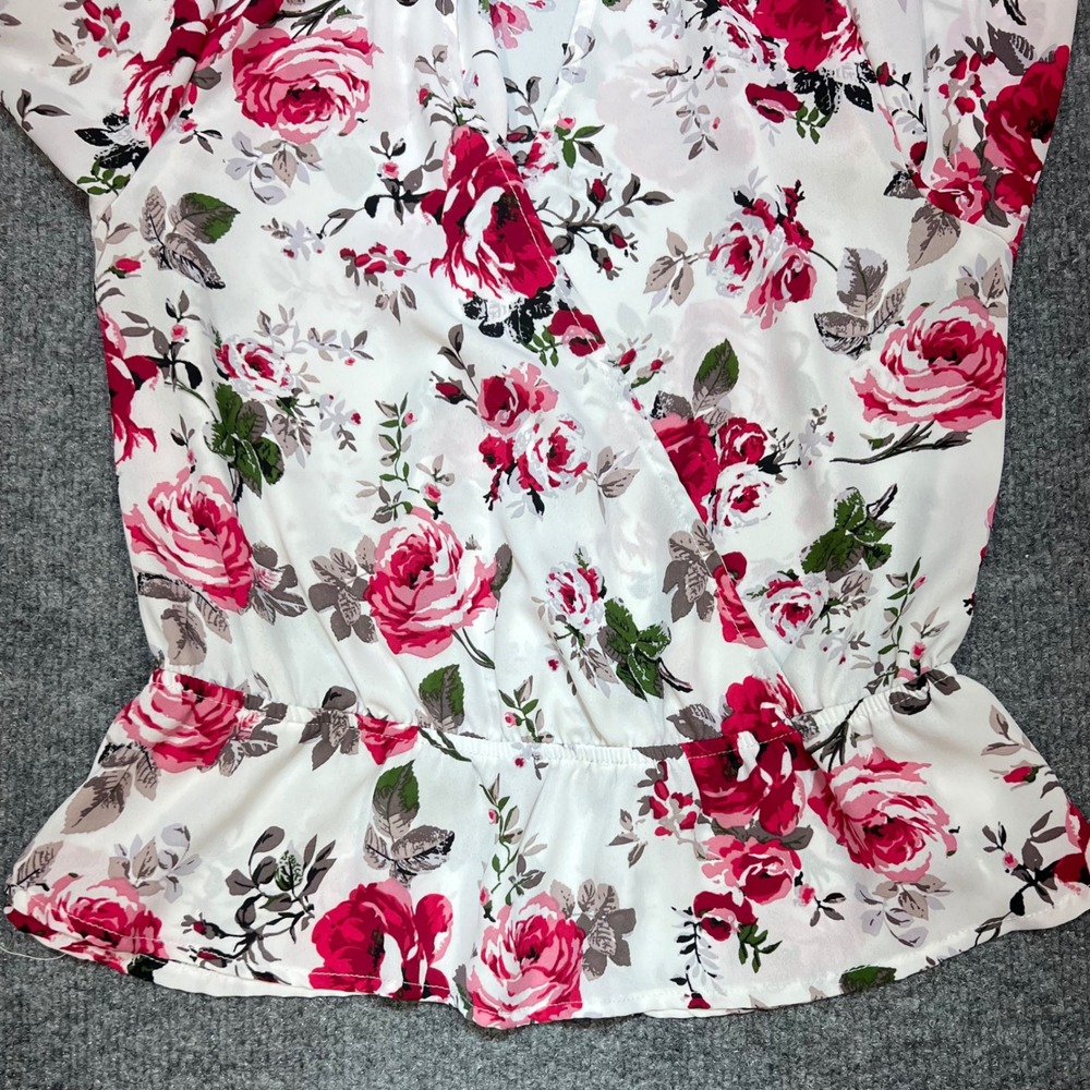 Ambiance Peplum Blouse Womens Large White Pink Floral Surplice Ruffle Cuff Top - Picture 4 of 9